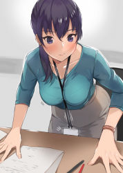 Rule 34 | 1girl, arm support, between breasts, blue shirt, blush, bouncing breasts, bralines, breasts, cleavage, closed mouth, collarbone, commentary request, doushimasho, earrings, frown, grey skirt, hair over shoulder, highres, id card, indoors, jewelry, lanyard, leaning forward, long hair, long sleeves, looking at viewer, medium breasts, motion lines, name tag, nervous, office lady, original, paper, pen, pencil skirt, ponytail, purple eyes, purple hair, shirt, skirt, solo, stud earrings, sweat, table, wristband