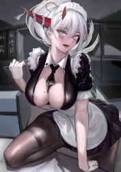 Rule 34 | 1girl, absurdres, apron, asymmetrical horns, azur lane, between breasts, black dress, black necktie, breasts, brown pantyhose, center opening, dress, gloves, hair between eyes, hair on horn, hakuryuu (azur lane), hakuryuu (slice dice and serve) (azur lane), half gloves, highres, holding, horns, indoors, large breasts, leaning forward, leg up, long hair, looking at viewer, maid, maid headdress, mismatched horns, mole, mole on breast, multiple horns, necktie, necktie between breasts, nikumocchi, official alternate costume, open mouth, pantyhose, puffy short sleeves, puffy sleeves, red horns, shiny clothes, shiny legwear, short dress, short sleeves, slit pupils, solo, thighband pantyhose, white apron, white eyes, white gloves, white hair, white horns, wing collar