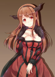 Rule 34 | 10s, 1girl, blush, breast suppress, breasts, choker, cleavage, demon girl, fur trim, hairband, horns, hyuuga azuri, large breasts, light smile, long hair, looking at viewer, maou (maoyuu), maoyuu maou yuusha, red eyes, red hair, smile, solo
