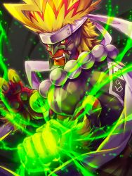 Rule 34 | 1boy, aura, blonde hair, boutmon, clenched hands, clenched teeth, digimon, digimon (creature), energy, fighting stance, fingerless gloves, gloves, glowing, glowing eyes, green eyes, highres, looking at viewer, manly, monster boy, multicolored hair, muscular, sharp teeth, spiked hair, standing, teeth, tosaka rai, two-tone hair