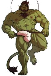 Rule 34 | 1boy, abs, bara, beard, body fur, briefs, bulge, chest tuft, colored skin, erection, erection under clothes, facial hair, full beard, green skin, highres, large pectorals, lion boy, lion tail, male focus, male underwear, male underwear pull, matcha ryu, mature male, muscular, muscular male, navel, nipples, nose piercing, nose ring, orc, original, pectorals, piercing, pointy ears, short hair, solo, sparse navel hair, standing, standing on one leg, strongman waist, tail, thick beard, thick eyebrows, thick thighs, thighs, tusks, underwear