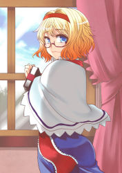 Rule 34 | 1girl, :3, alice margatroid, bespectacled, blonde hair, book, capelet, curtains, face, female focus, from behind, glasses, gradient hair, hairband, hane (hanegoya), looking at viewer, looking back, multicolored hair, short hair, smile, solo, touhou, window