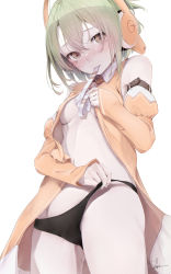 Rule 34 | 1girl, absurdres, blush, breasts, brown eyes, cameltoe, chunithm, cowboy shot, detached sleeves, green hair, groin, hair between eyes, hair over one eye, headphones, highres, kisaragi yaya, looking at viewer, mouth hold, navel, open clothes, open shirt, panties, ribbon, short hair, signature, sky feather, small breasts, solo, stomach, underboob, underwear