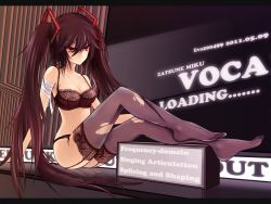 Rule 34 | 1girl, bandages, black hair, bra, breasts, dark persona, eva200499, garter straps, hair ornament, highres, lace, lace-trimmed bra, lace-trimmed legwear, lace trim, lingerie, long hair, red eyes, sitting, solo, thighhighs, torn clothes, torn thighhighs, twintails, underwear, underwear only, very long hair, vocaloid, wallpaper, zatsune miku