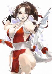 Rule 34 | 1girl, ahn dongshik, armpits, bare shoulders, breasts, brown eyes, brown hair, cleavage, fatal fury, folding fan, hair ornament, hair tie, hand fan, highres, holding, holding fan, japanese clothes, large breasts, lips, long hair, ninja, pelvic curtain, shiranui mai, signature, simple background, smile, solo, teeth, the king of fighters, thighs