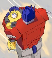 Rule 34 | autobot, back, blue eyes, cowboy shot, decepticon, from above, height difference, highres, horns, hug, komagoma, looking at another, mecha focus, no humans, robot, science fiction, smile, transformers