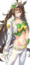 Rule 34 | 1girl, ;), absurdres, ahoge, akituki touka, blue eyes, blush, bow, breasts, brown hair, choker, cleavage, commentary request, cowboy shot, crop top, green bow, green shirt, groin, hair between eyes, hat, hat bow, highres, jacket, long hair, long sleeves, looking at viewer, medium breasts, midriff, mini hat, mini top hat, mr. c.b. (umamusume), navel, one eye closed, open clothes, open jacket, pants, shirt, simple background, single sleeve, smile, solo, standing, stomach, strapless, strapless shirt, top hat, umamusume, very long hair, white background, white hat, white jacket, white pants, wrist cuffs