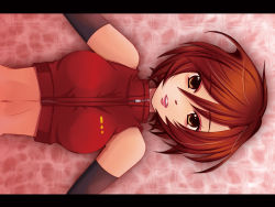 Rule 34 | 1girl, agi (kankarado), bare shoulders, breasts, brown hair, elbow gloves, eyeshadow, floor, gloves, large breasts, letterboxed, lipstick, lying, makeup, meiko (vocaloid), messy hair, midriff, navel, on back, outstretched arms, short hair, solo, spread arms, tiles, vocaloid