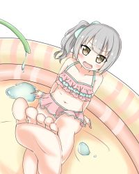 Rule 34 | 10s, 1girl, barefoot, blush, child, eyebrows, feet, female focus, foot focus, hair ornament, highres, hose, kantai collection, long hair, navel, new-yuikaori, open mouth, pool, side ponytail, simple background, soles, solo, swimsuit, toes, water, white background