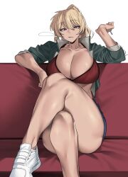 Rule 34 | 1girl, bare legs, blonde hair, blowing smoke, blue eyes, breasts, cigarette, cleavage, collarbone, couch, crossed legs, dark-skinned female, dark skin, elbow rest, foot out of frame, green jacket, hair between eyes, highres, holding, holding cigarette, huge breasts, jacket, legs, long hair, looking at viewer, on couch, original, parted lips, ponytail, raised eyebrows, red sports bra, shoes, sitting, sleeves rolled up, smoking, sneakers, solo, sports bra, thick thighs, thighs, urec, white footwear