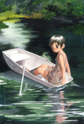 Rule 34 | black eyes, black hair, lake, rowboat, satou toshiyuki, short hair, solo, water