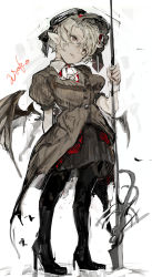Rule 34 | 1girl, absurdres, arm behind back, ascot, black footwear, black pantyhose, brown jacket, closed mouth, copyright request, grey eyes, grey hair, hat, high heels, highres, hiranko, holding, holding weapon, jacket, low wings, pantyhose, pointy ears, polearm, puffy short sleeves, puffy sleeves, short sleeves, slit pupils, solo, standing, weapon, white ascot, wings, wrist cuffs