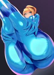 Rule 34 | 1girl, ass, blonde hair, blue bodysuit, blue eyes, bodysuit, breasts, covered erect nipples, from below, gloves, gradient background, high ponytail, highres, huge ass, impossible clothes, legs together, long hair, medium breasts, metroid, nintendo, ponytail, samus aran, simple background, skin tight, smile, solo, thick thighs, thighs, volyz, wide hips, zero suit