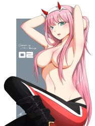 Rule 34 | 1girl, armpits, arms behind head, artist name, breasts, convenient censoring, darling in the franxx, green eyes, highres, large breasts, legs, long hair, looking at viewer, navel, open mouth, pants, pink hair, sitting, solo, thighs, topless, zero two (darling in the franxx)