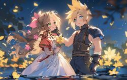 Rule 34 | 1boy, 1girl, aerith gainsborough, aqua eyes, armor, artist name, bandaged arm, bandages, bangle, belt, blonde hair, blue pants, blue shirt, blurry, blurry foreground, blush, bracelet, braid, braided ponytail, brown belt, brown hair, cat princess, choker, clenched hand, cloud strife, couple, cropped jacket, dress, falling petals, final fantasy, final fantasy vii, final fantasy vii remake, flower, flower choker, gloves, green eyes, hair between eyes, hair flower, hair ornament, hair ribbon, hand on another&#039;s cheek, hand on another&#039;s face, hetero, holding, holding flower, jacket, jewelry, lily (flower), long dress, long hair, looking at another, multiple belts, night, night sky, outdoors, pants, parted bangs, parted lips, partially submerged, petals, pink dress, pink flower, pink ribbon, red jacket, ribbon, shirt, shooting star, short hair, short sleeves, shoulder armor, sidelocks, single bare shoulder, sky, sleeveless, sleeveless turtleneck, spiked hair, star (sky), starry sky, suspenders, tears, turtleneck, wavy hair, yellow flower