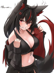 Rule 34 | 1girl, absurdres, ahoge, alternate breast size, anger vein, animal ear fluff, animal ears, bikini, black bikini, black hair, black jacket, black shorts, blush, braid, breasts, cleavage, commentary request, earrings, fox ears, fox girl, fox tail, hair between eyes, highres, hololive, jacket, jewelry, kurokami fubuki, long hair, looking at viewer, medium breasts, micon, multicolored hair, navel, open clothes, open jacket, red eyes, red hair, short shorts, shorts, sidelocks, simple background, single braid, solo, swimsuit, tail, teeth, two-tone hair, undressing, v-shaped eyebrows, virtual youtuber, white background