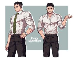 Rule 34 | 1boy, alternate design, black eyes, black hair, black pants, character name, commentary request, dead by daylight, diagonal-striped clothes, diagonal-striped necktie, green necktie, hand in pocket, highres, korean commentary, male focus, muscular, muscular male, necktie, original, pants, sleeves rolled up, smile, solo, striped clothes, the trapper (dead by daylight), tongchock, twitter username, undercut