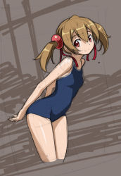 Rule 34 | 10s, 1girl, arms behind back, bare shoulders, blue one-piece swimsuit, blue school swimsuit, brown hair, competition swimsuit, cowboy shot, cropped legs, female focus, from side, hair ornament, hair ribbon, leaning forward, looking at viewer, looking to the side, one-piece swimsuit, red eyes, ribbon, rohitsuka, school swimsuit, silica, sketch, smile, solo, swimsuit, sword art online, twintails