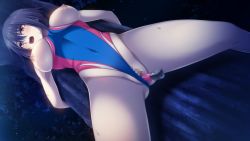 Rule 34 | 1girl, arms behind back, bdsm, black hair, blush, bondage, bound, breasts, brown eyes, censored, clothing aside, competition swimsuit, covered navel, embarrassed, female focus, game cg, guilty, highleg, highleg swimsuit, highres, humiliation, ikoma yui, large breasts, mosaic censoring, night, nipples, object insertion, one-piece swimsuit, open mouth, outdoors, pussy, sex toy, short hair, solo, spread legs, sweat, swimsuit, swimsuit aside, teeth, tongue, toriko no (series), toriko no kusari, tree, vaginal, vaginal object insertion, vibrator