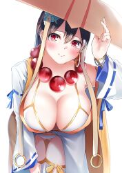 Rule 34 | 1girl, absurdres, bead necklace, beads, bikini, breasts, brown hair, cleavage, earrings, fate/grand order, fate (series), hair between eyes, highres, hoop earrings, ichimegasa, japanese clothes, jewelry, kimono, large breasts, leaning forward, len (hand linke), long hair, long sleeves, looking at viewer, necklace, prayer beads, red eyes, short kimono, smile, solo, swimsuit, thighhighs, thighs, vest, white bikini, white kimono, white thighhighs, wide sleeves, xuangzang sanzang (fate), yellow vest