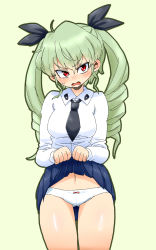 Rule 34 | 10s, 1girl, absurdres, anchovy (girls und panzer), aono3, blue skirt, blush, bow, bow panties, clothes lift, dress shirt, drill hair, embarrassed, full-face blush, girls und panzer, green background, green hair, hair ribbon, highres, long hair, long sleeves, miniskirt, necktie, open mouth, panties, pleated skirt, red eyes, ribbon, school uniform, shirt, skirt, skirt lift, solo, sweatdrop, thigh gap, twin drills, twintails, underwear, white panties, white shirt