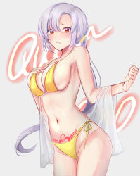 Rule 34 | 1girl, \||/, armpits, bare arms, bare shoulders, bikini, breasts, chaum, collarbone, commentary request, cowboy shot, curled fingers, dot nose, forehead, frown, grey hair, hand on own chest, highleg, highleg bikini, highres, large breasts, long hair, looking at viewer, low ponytail, navel, original, parted bangs, red eyes, see-through, side-tie bikini bottom, simple background, solo, split mouth, swimsuit, thighs, yellow bikini
