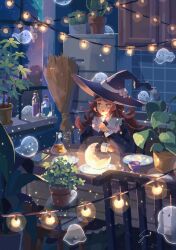 Rule 34 | 1girl, atelier umiyury, broom, brown hair, commentary, dress, eating, flask, fork, ghost, hat, highres, holding, holding fork, indoors, kitchen, light particles, long hair, night, open mouth, original, plant, plate, potted plant, refrigerator, shelf, signature, sink, solo, table, window, witch, witch hat