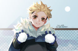Rule 34 | 1boy, aged down, animification, artist name, black jacket, blonde hair, blue cape, blurry, blurry background, cape, child, commentary, depth of field, english commentary, fence, fur collar, fur trim, gloves, hands up, highres, holding, holding snowball, jacket, looking at viewer, male focus, messy hair, purple gloves, ryu valo, smile, snowball, solo, sova (valorant), twitter username, undercut, valorant