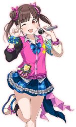 Rule 34 | 1girl, armband, blue neckwear, blue scrunchie, blush, bow, brown eyes, brown hair, double bun, fingers to cheek, frills, hair bun, hair ornament, hair scrunchie, idol clothes, idolmaster, idolmaster shiny colors, jacket, microphone, miniskirt, official art, open mouth, pink bow, pink jacket, pink scrunchie, pointing, pointing at self, scrunchie, shoes, short twintails, skirt, smile, solo, sonoda chiyoko, star (symbol), transparent background, twintails, white footwear, wrist scrunchie