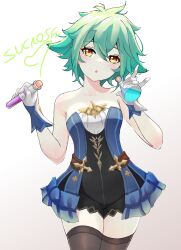 Rule 34 | 1girl, animal ears, bare shoulders, black thighhighs, blush, breasts, character name, cork, cowboy shot, flask, frilled leotard, frills, genshin impact, gloves, green hair, grey background, hair between eyes, hands up, head tilt, highres, holding, holding beaker, holding test tube, leotard, looking at viewer, no eyewear, open mouth, orange eyes, rea loixacra, sleeveless, small breasts, solo, sucrose (genshin impact), test tube, thighhighs, two-tone leotard, white gloves