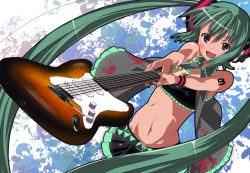 Rule 34 | 1girl, blood, electric guitar, fang, fender (company), fender stratocaster, green hair, green nails, guitar, hatsune miku, instrument, long hair, midriff, nail polish, solo, twintails, very long hair, vocaloid, yada ei