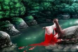 Rule 34 | 1girl, blood, blood on clothes, brown hair, bush, fish, forest, hime cut, japanese clothes, kimono, kneeling, koi, long hair, miyuli, moss, nature, original, outstretched arm, plant, river, rock, very long hair, water, watermark, web address