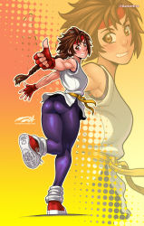 Rule 34 | 1girl, artist name, ass, braid, brown eyes, brown hair, darkereve, fingerless gloves, from behind, gloves, headband, highres, long hair, looking at viewer, looking back, open mouth, pants, purple pants, red gloves, shoes, single braid, smile, sneakers, solo, the king of fighters, thumbs up, yuri sakazaki