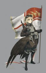 Rule 34 | 1girl, asterisk kome, blonde hair, flag, flagpole, gloves, goggles, goggles on head, grey background, gun, highres, low wings, military, military uniform, original, solo, standing, uniform, weapon, winged fusiliers, wings, yellow eyes