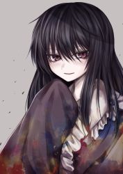 Rule 34 | 1girl, absurdres, bags under eyes, black hair, blouse, commentary request, eyes visible through hair, frilled shirt collar, frilled sleeves, frills, grey background, grey shirt, hair between eyes, hand up, highres, houraisan kaguya, long hair, long sleeves, looking at viewer, parted lips, red eyes, shirt, sleeves past fingers, sleeves past wrists, slit pupils, solo, touhou, tsurime, upper body, wide sleeves, yonoisan