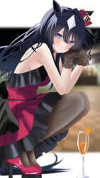 Rule 34 | 1girl, absurdres, animal ears, blue hair, blurry, blurry background, blush, breasts, closed mouth, commentary request, cup, dark blue hair, dress, drinking glass, gloves, hair between eyes, hair ornament, high heels, highres, horse ears, horse girl, horse tail, kirameki (rikukaikuu), looking at viewer, medium breasts, shoes, staring, tail, umamusume, verxina (umamusume)