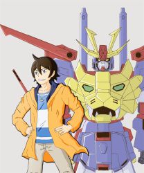 Rule 34 | 10s, blue eyes, brown hair, grey background, grin, gundam, gundam build fighters, gundam build fighters try, gundam tryon 3, hands on own hips, jacket, jewelry, mecha, necklace, open clothes, open jacket, robot, sakai minato, short hair, simple background, sketch, smile