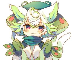 Rule 34 | 1girl, :3, ahoge, animal ears, bad id, bad twitter id, blush, closed mouth, commentary request, gloves, green gloves, green hair, hair between eyes, hat, jacket, long sleeves, looking at viewer, made in abyss, nekotorina, prushka, red eyes, short hair, simple background, solo, tail, upper body, white background