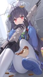 Rule 34 | 1girl, absurdres, ahoge, animal ears, bird, black gloves, black hair, blue archive, blue shirt, blue skirt, blush, commentary, fake animal ears, from below, gloves, green neckerchief, halo, highres, holding, holding weapon, iwashi 111, knee pads, knees up, leaf, leaf on head, long hair, long sleeves, looking at viewer, miyu (blue archive), neckerchief, pantyhose, pleated skirt, puffy long sleeves, puffy sleeves, rabbit ears, red eyes, school uniform, serafuku, shell casing, shirt, shoes, sitting, skirt, sleeve cuffs, sneakers, solo, weapon, white pantyhose