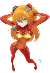 Rule 34 | 1girl, absurdres, arms up, artist request, blue eyes, bodysuit, breasts, covered navel, evangelion: 2.0 you can (not) advance, foreshortening, full body, highres, interface headset, long hair, looking at viewer, medium breasts, neon genesis evangelion, orange hair, pilot suit, plugsuit, rebuild of evangelion, red bodysuit, see-through, see-through bodysuit, shiny clothes, signature, skin tight, solo, souryuu asuka langley, standing, test plugsuit, two side up, white background