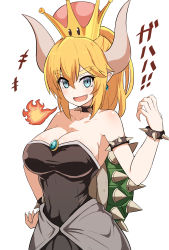 Rule 34 | 1girl, absurdres, bare shoulders, blonde hair, blue eyes, blush, bowsette, breasts, cleavage, comic, crown, dress, earrings, fang, fire, half-closed eyes, hand on own hip, highres, horns, jewelry, large breasts, long hair, looking at viewer, mario (series), new super mario bros. u deluxe, nintendo, okitsugu, open mouth, pointy ears, ponytail, shell, simple background, smile, solo, spiked shell, super crown, white background