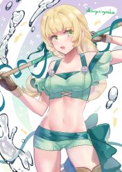 Rule 34 | 1girl, artist name, bikini, blonde hair, blush, breasts, cleavage, fire emblem, fire emblem: three houses, fire emblem heroes, gloves, green eyes, highres, holding, ingrid brandl galatea, long hair, looking at viewer, medium breasts, midriff, nintendo, off-shoulder bikini, off shoulder, open mouth, polearm, sakuramotikun, solo, standing, swimsuit, weapon