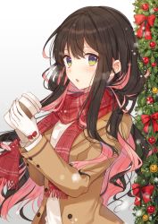 Rule 34 | 1girl, alternate costume, black hair, blush, christmas ornaments, christmas tree, coffee cup, cup, disposable cup, fang, gloves, gradient background, grey background, hair between eyes, hiiragi souren, kantai collection, lips, long hair, looking at viewer, multicolored hair, naganami (kancolle), pink hair, red scarf, scarf, simple background, solo, two-tone hair, wavy hair, white gloves, winter clothes, yellow eyes