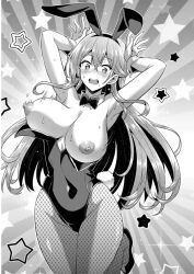 Rule 34 | 1girl, :o, animal ears, armpits, arms up, blush, boku no kanojo sensei, bouncing breasts, bow, bowtie, breasts, breasts out, detached collar, earrings, embarrassed, eyebrows hidden by hair, fake animal ears, female focus, fishnet pantyhose, fishnets, fujiki maka, groin, hair between eyes, highres, jewelry, large breasts, legs, leotard, long hair, monochrome, nipples, open mouth, oryo (oryo04), pantyhose, playboy bunny, rabbit ears, sdwing, simple background, solo, standing, star (symbol), surprised, thighs, unaligned breasts, wrist cuffs