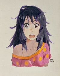 Rule 34 | 1girl, absurdres, artist name, black hair, breasts, brown eyes, collarbone, colored pencil (medium), commentary, commentary request, cropped torso, dated, english commentary, highres, kimi no na wa., long hair, looking at viewer, messy hair, mixed-language commentary, miyamizu mitsuha, open mouth, p.art, pajamas, pink pajamas, short sleeves, single off shoulder, small breasts, solo, sweatdrop, teeth, traditional media, upper body, upper teeth only, wide-eyed
