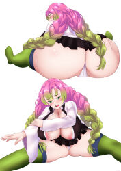 Rule 34 | 1girl, absurdres, areola slip, ass, black skirt, braid, breasts, cleavage, closed eyes, from behind, gluteal fold, gradient hair, green eyes, green hair, green thighhighs, highres, huge ass, huge breasts, kanroji mitsuri, kimetsu no yaiba, legs, long sleeves, mee don, miniskirt, multicolored hair, multiple views, open clothes, panties, pink hair, pleated skirt, simple background, sitting, skirt, solo, spread legs, thighhighs, two-tone hair, underwear, white background, white panties