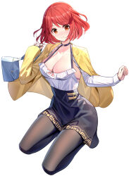 Rule 34 | 1girl, bag, black choker, black pantyhose, black skirt, blush, breasts, choker, cleavage, closed mouth, collarbone, commentary request, full body, highres, holding, holding bag, jacket, large breasts, long sleeves, looking at viewer, pantyhose, pyra (xenoblade), red eyes, red hair, ririko (zhuoyandesailaer), seiza, short hair, simple background, sitting, skirt, sleeves past wrists, smile, solo, white background, xenoblade chronicles (series), xenoblade chronicles 2, yellow jacket