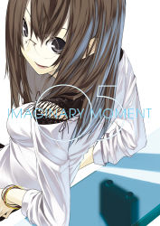 Rule 34 | 1girl, arm support, black eyes, breasts, brown hair, eyebrows, glasses, grey eyes, leaning back, long hair, looking at viewer, looking back, medium breasts, open mouth, original, senmu (senmudayo), simple background, solo, tagme, teeth, upper body, white background