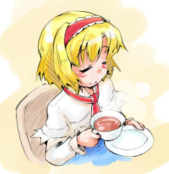 Rule 34 | 1girl, alice margatroid, blonde hair, blush, capelet, chair, closed eyes, cup, female focus, from above, gradient background, headband, long sleeves, ribbon, saucer, shinapuu, short hair, simple background, smile, solo, teacup, touhou, upper body