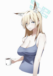Rule 34 | 1girl, absurdres, animal ear fluff, animal ears, bare shoulders, blonde hair, blue archive, blue camisole, blue eyes, blue halo, breasts, camisole, cleavage, coffee mug, collarbone, cup, dog ears, dog girl, gradient hair, gunpuu, hair between eyes, hair over one eye, halo, highres, holding, holding cup, kanna (blue archive), large breasts, long hair, looking at viewer, mug, multicolored hair, sharp teeth, sidelocks, simple background, solo, teeth, white background